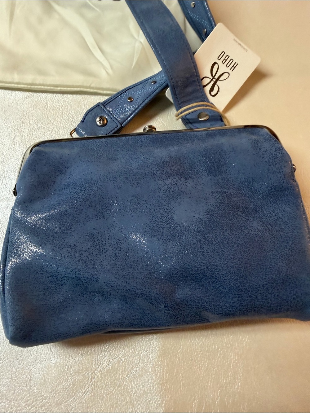 HOBO Azure Blue Pebbled Leather Shoulder Bag with Studded Strap - Picture 4 of 11